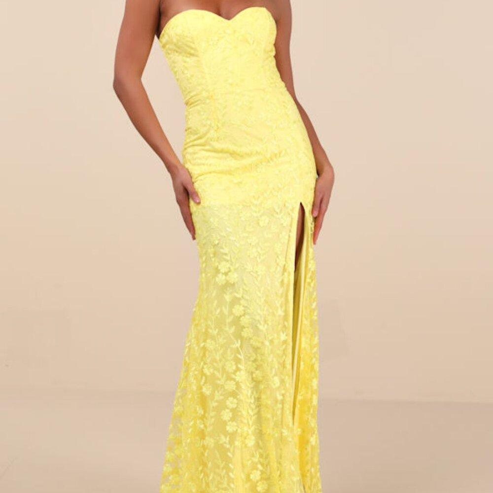 Lulus Romantic Beauty Yellow Floral Embroidered Strapless Maxi Dress - Size M